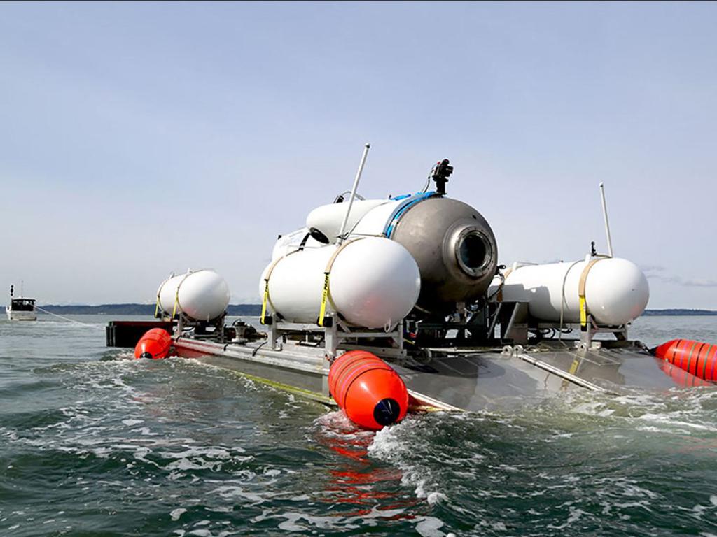 The Titan submersible being towed to a dive location on a previous expedition. Picture: AFP