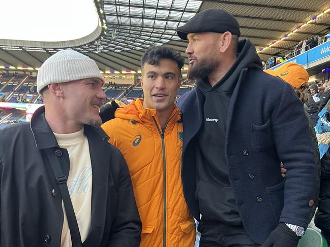 Angus Crichton with former teammates Wallaby Joseph-Aukuso Suaalii and Jared  Waerea-Hargreaves.