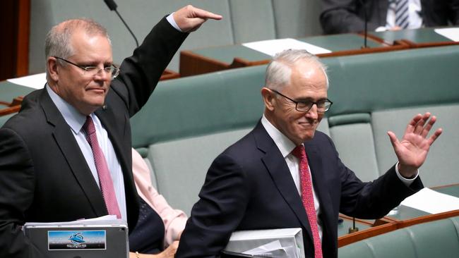 Scott Morrison, then Malcolm Turnbull’s loyal treasurer, with the prime minister in parliament on August 21, the day Turnbull defeated Peter Dutton in the first leadership spill. Picture: Ray Strange