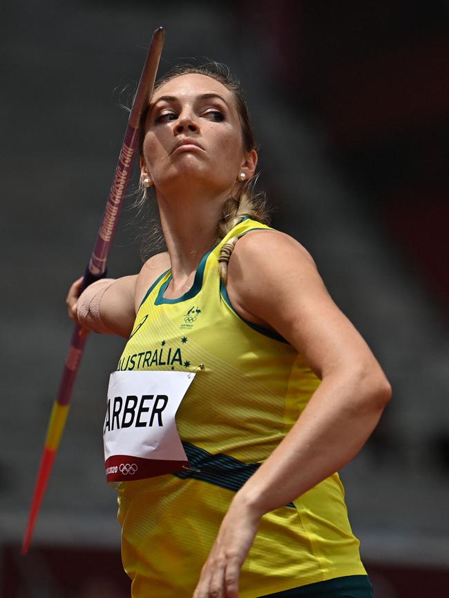 Australia's Kelsey-Lee Barber competes in the women's javelin throw qualification during the Tokyo 2020 Olympic Games. (Photo by Ben STANSALL / AFP)