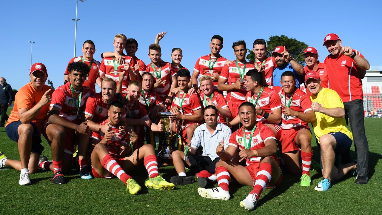 Patrician Brothers Blacktown celebrate winning the NRL Schoolboy Cup national final.