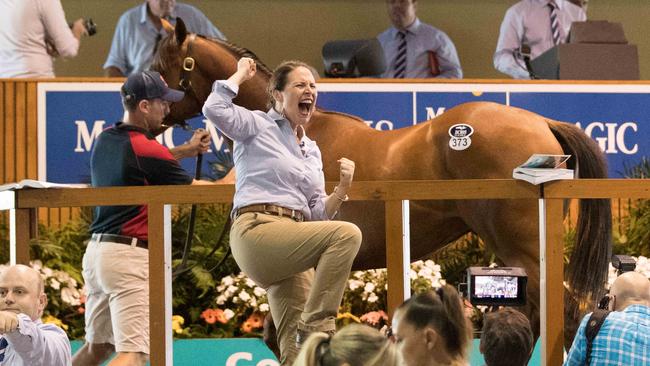 An auctioneer gets animated as a horse sells for $2m at the Magic Millions. Picture by Luke Marsden.