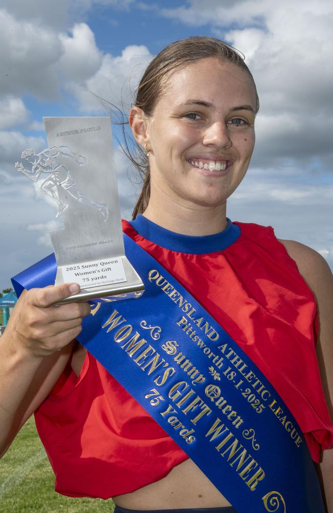 Hayley Reynolds wins the Sunny Queen Women's Gift 75 yards. The Arthur Postle Gift in Pittsworth. Saturday 18th January, 2025. Picture: Nev Madsen.