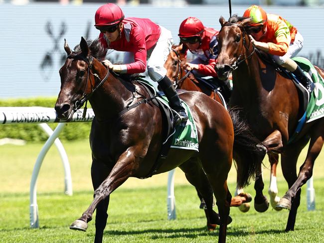 SYDNEY, AUSTRALIA - DECEMBER 30: Jason Collett riding Sydney Bowler wins Race 4 James Squire during Sydney Racing at Royal Randwick Racecourse on December 30, 2023 in Sydney, Australia. (Photo by Jeremy Ng/Getty Images)