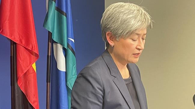 Penny Wong at the media conference. Picture: Rahul Dhakan