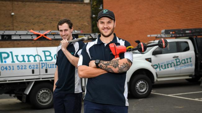 Number 8: Riley McCann and owner Cameron Barr of PlumBarr Plumbing, Cheltenham. Picture: Penny Stephens