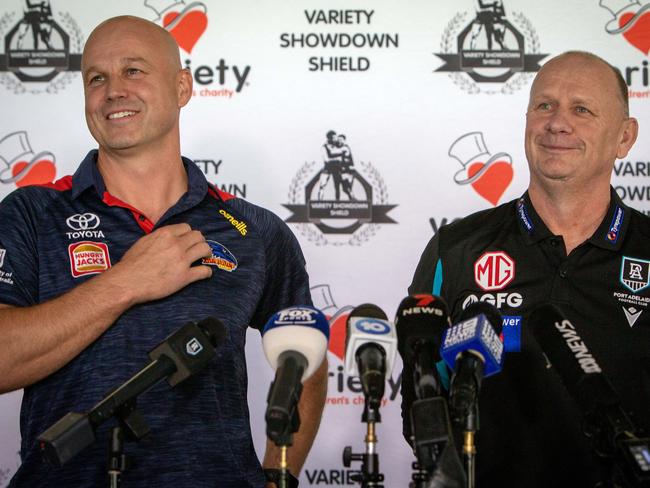 Matthew Nicks and Ken Hinkley speaking at a press conference ahead of Showdown 53 at the Adelaide Oval. Picture: Emma Brasier