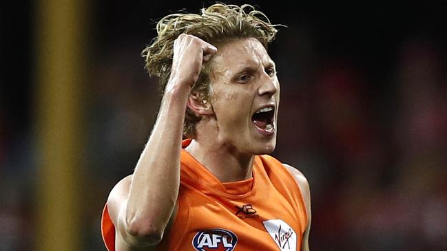 SYDNEY, AUSTRALIA - APRIL 27: Lachie Whitfield of the Giants celebrates a goal during the round 6 AFL match between the Sydney Swans and GWS Giants at Sydney Cricket Ground on April 27, 2019 in Sydney, Australia. (Photo by Ryan Pierse/Getty Images)