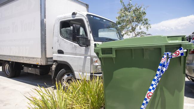 An abandoned van that had been heavily fingerprinted by NSW Police outside the industrial unit. Picture: Jeremy Piper