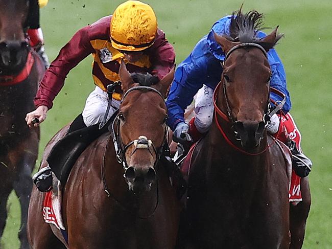 MELBOURNE. 23/10/2021. Moonee Valley Races. Race 9. . The Cox Plate.   State of Rest ridden by John Allen and Anamoe ridden by Craig Williams come together on the straight resulting in a protest with was dismissed   . Photo by Michael Klein