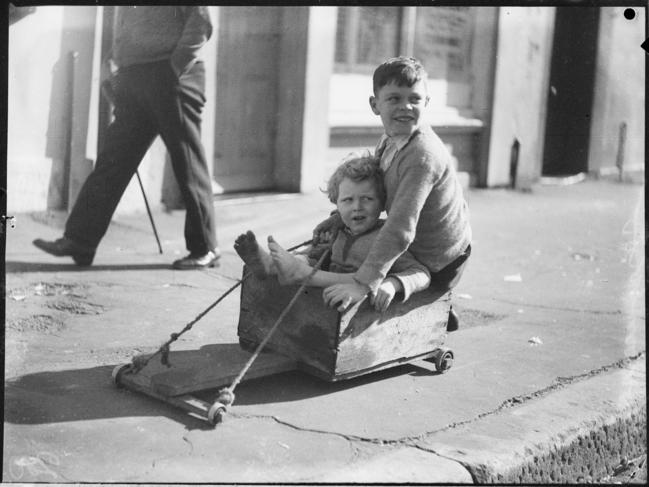 Children on a billycart during the Great Depression in Sydney, 1935. Picture: Sam Hood/Hood Collection/State Library of NSW