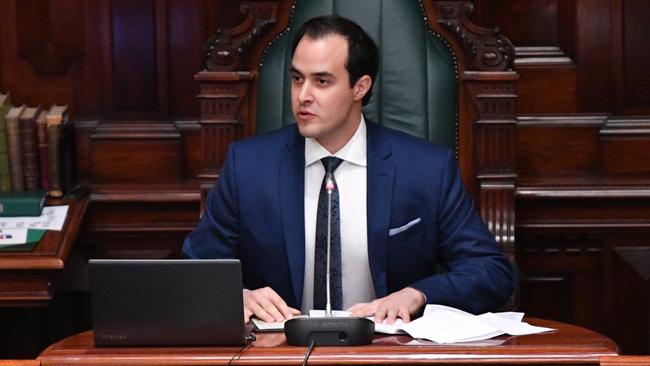 Speaker of the House Vincent Tarzia is clearly not standing during his first Parliamentary sitting. Picture: AAP / David Mariuz