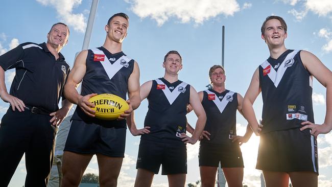 Kalangadoo Football Club has been approached to leave the Mid South Eastern Football League and join a new competition. Pictured last year, former president Adam Box, Ethan Maney, president Reece Carlson, Liam Hay and Charlie Box. Picture: Frank Monger