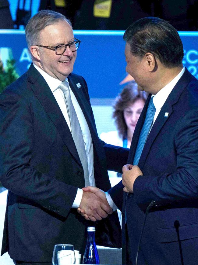 Albanese greets Xi Jinping during the APEC Leaders Retreat. Picture: Getty Images/AFP