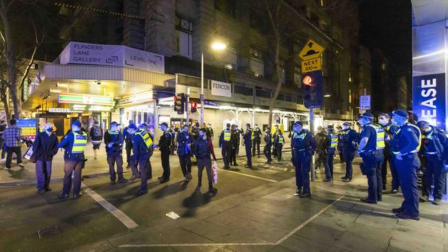 Police maintain a large presence in Melbourne’s CBD. Picture: Wayne Taylor