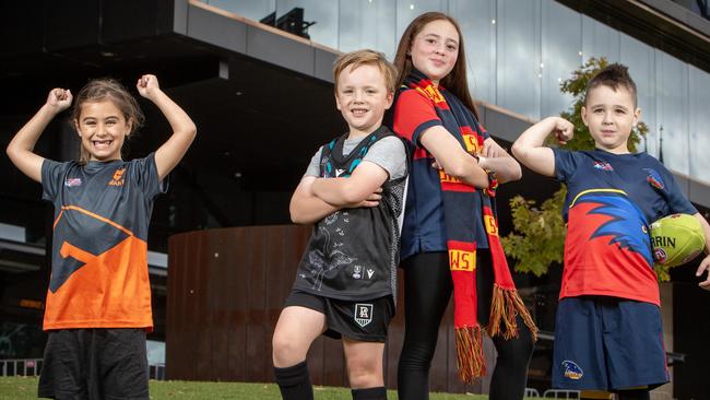 Local Auskickers kids Alenza, Ollie, Laila and Eli had fun at the 2023 Gather Round footy festival. Picture: Emma Brasier