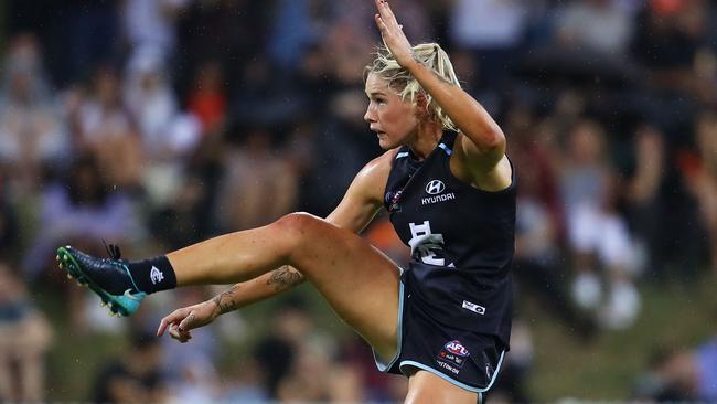 Tayla Harris hurt her shoulder on the final siren last Friday night but has been named to play. Picture: Getty