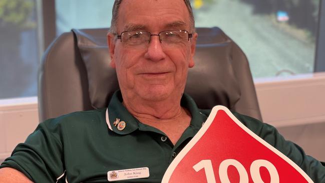 John King gives his 100th blood donation in Ipswich during National Blood Donor week.