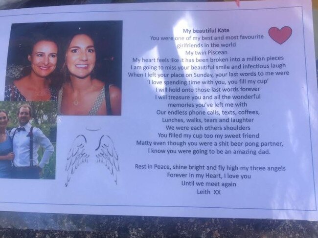 A note left at the makeshift shrine at Alexandra Hills, where Kate Leadbetter and Matty Fields died on Australia Day. Picture: Shiloh Payne