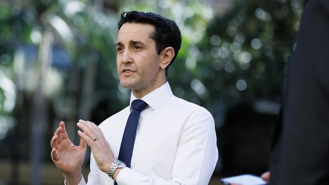 David Crisafulli talks at a media announcement at Parliament House on Sunday. Facing a state election in October, he has rejected changing the state opposition’s energy platform to allow for nuclear power. Picture: Lachie Millard