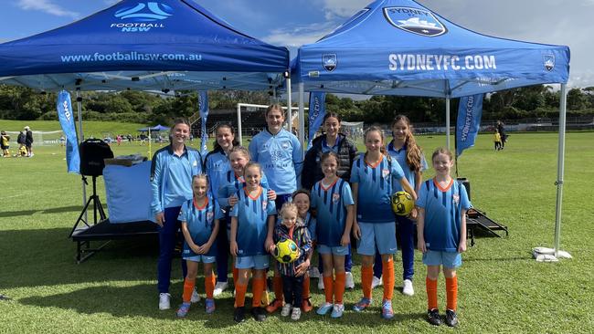 Sydney FC Women stars Anna Green, Mary Stanic-Floody, Tahlia Franco, Indiana and Jynaya Dos Santos getting involved with young players at the Female Football Festival. Photo: Kevin Merrigan