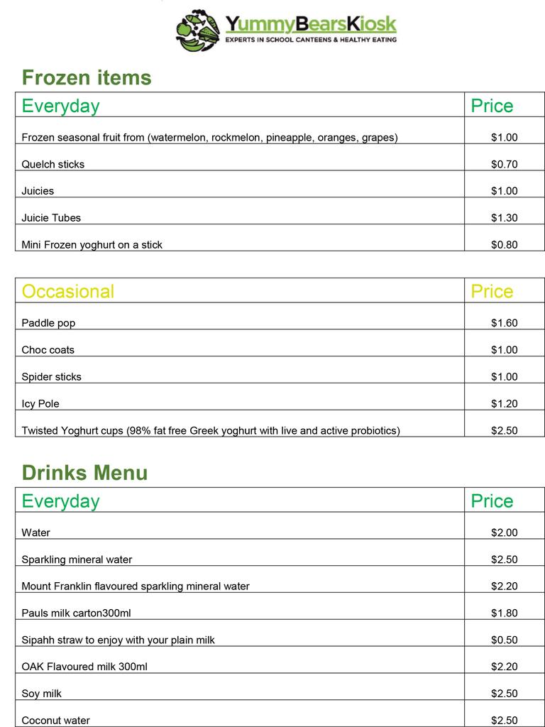 Kent Road Public School frozen menu