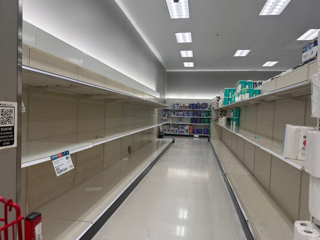 Ironically, toilet paper is one product likely not to be affected by the dock strike as it is made almost exclusively in America. (Empty toilet paper aisle at New Jersey Target above). Picture: X / jicklan