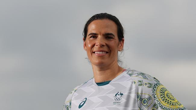 SYDNEY, AUSTRALIA - MARCH 07: Lydia Williams poses during the Australian 2024 Paris Olympic Games ASICS Uniform Launch at Yurong Point (Mrs Macquarie's Chair) on March 07, 2024 in Sydney, Australia. (Photo by Mark Metcalfe/Getty Images)