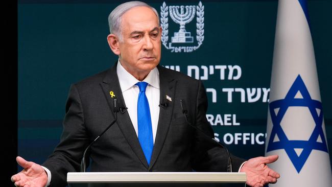 Benjamin Netanyahu speaks to reporters. Picture: AFP.