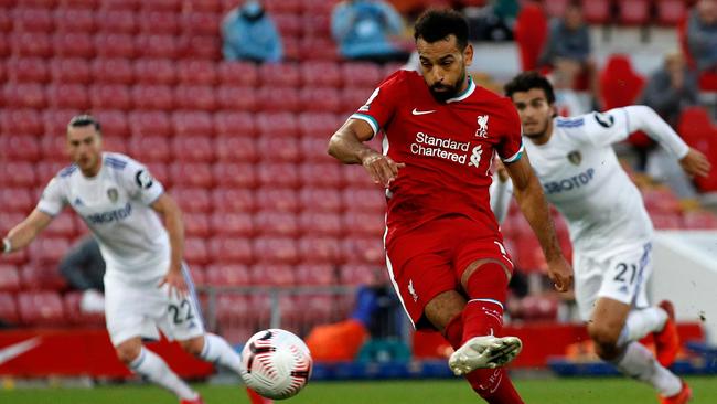 Mohamed Salah scores one of three goals that spared Liverpool embarrassment