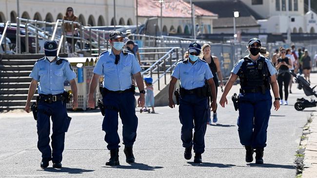 NSW Police officers patrol Bondi Beach on Saturday. Picture: NCA NewsWire/Bianca De Marchi