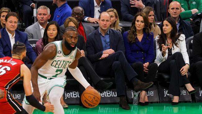 Prince William and Catherine watch Boston Celtics play Miami Heat on Wednesday night. Picture: AFP