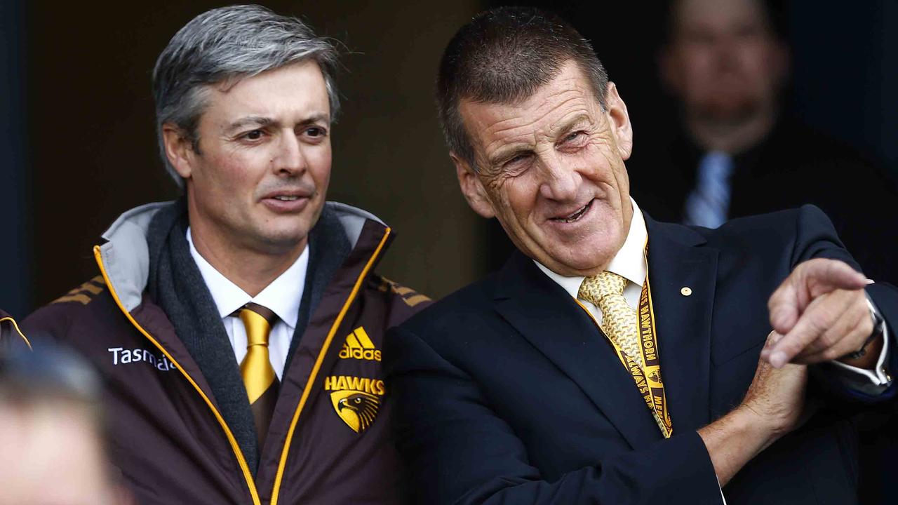 Former Hawthorn president Andrew Newbold and outgoing president Jeff Kennett.