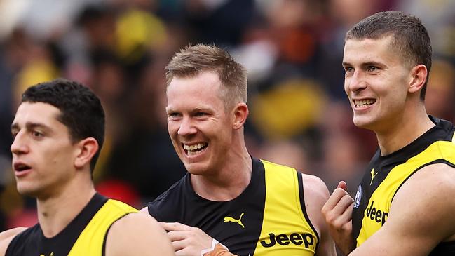 SYDNEY, AUSTRALIA - MAY 30: Callum Coleman-Jones of the Tigers celebrates with Jack Riewoldt of the Tigers after kicking a goal during the round 11 AFL match between the Richmond Tigers and the Adelaide Crows at GIANTS Stadium on May 30, 2021 in Sydney, Australia. (Photo by Mark Kolbe/AFL Photos/via Getty Images)