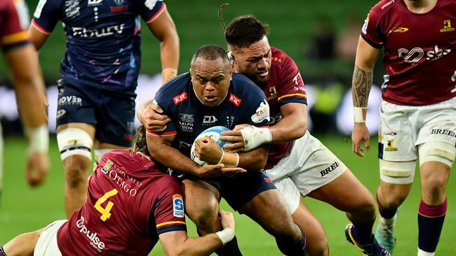 MELBOURNE, AUSTRALIA - APRIL 13: Sam Talakai of the Rebels is tackled during the round eight Super Rugby Pacific match between Melbourne Rebels and Highlanders at AAMI Park, on April 13, 2024, in Melbourne, Australia. (Photo by Josh Chadwick/Getty Images)