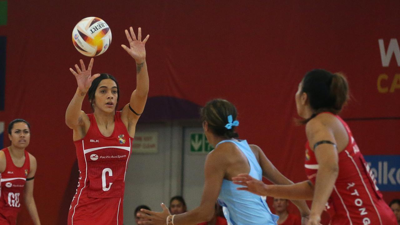 Hulita Veve of Tonga sends a pass. (Photo by Shaun Roy/Gallo Images/Netball World Cup 2023 via Getty Images)