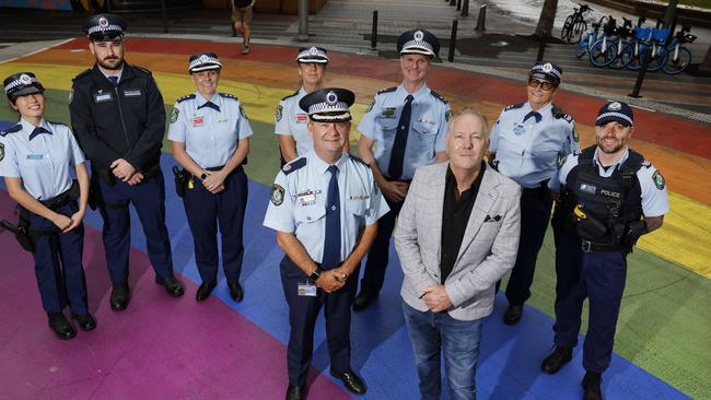 Pictured in Darlinghurst at the Taylor Square Rainbow crossing ahead of this years mardi gras is Assistant Police Commissioner Tony Cooke and former Police Commissioner Mick Fuller with police officers (L-R) Jenny Zou, Jake Pattison, Martha Winch, Rachel Fawcett, Jon Beard, Ann Sidlo and Dominic Quinn. Picture: Richard Dobson