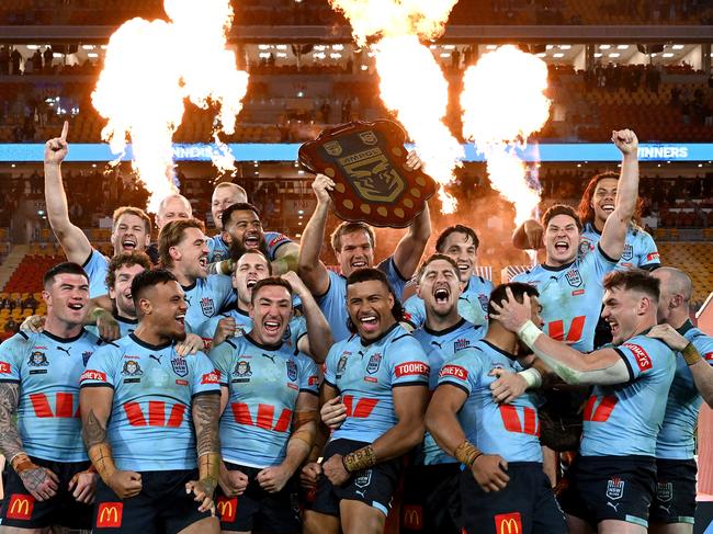 Who says NSW doesn’t get Origin? New South Wales Blues celebrate their series victory at Suncorp Stadium. Getty Images