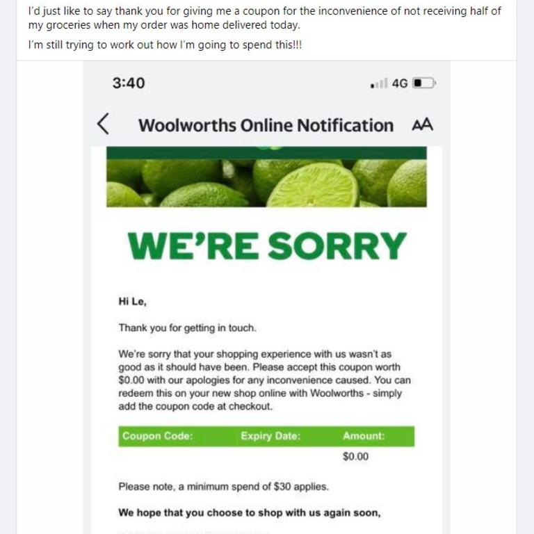 A Woolworths shopper was left scratching their head after receiving a $0 discount voucher that required a $30 minimum spend to activate. Picture: Facebook