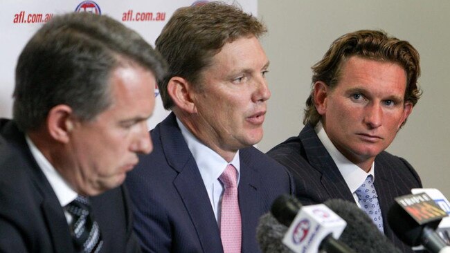 Essendon CEO Ian Robson, chairman David Evans and coach James Hird front the media the day the scandal broke.