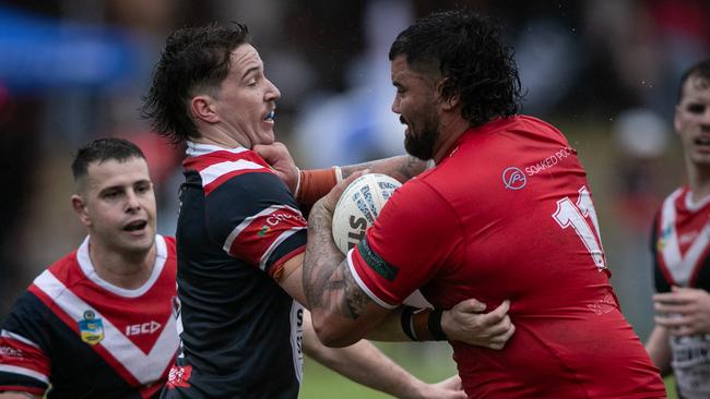 David Fifita runs at Jack Smith. Picture: Julian Andrews