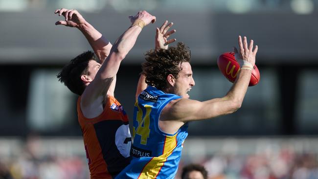 CANBERRA, AUSTRALIA - JULY 23: Ben King of the Suns attempts to take a mark during the round 19 AFL match between Greater Western Sydney Giants and Gold Coast Suns at Manuka Oval, on July 23, 2023, in Canberra, Australia. (Photo by Brett Hemmings/AFL Photos/via Getty Images)