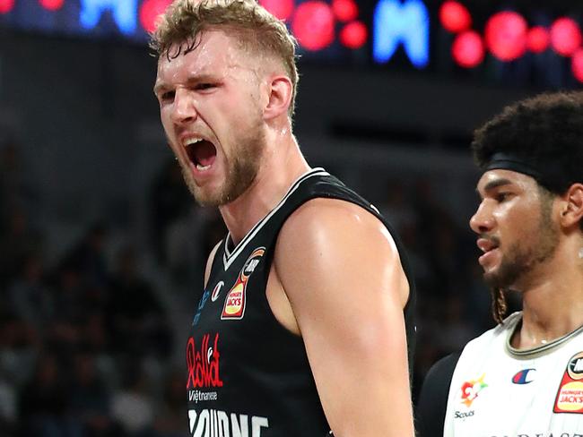 MELBOURNE, AUSTRALIA - APRIL 24: Jock Landale of United reacts during the round 15 NBL match between Melbourne United and the Adelaide 36ers at John Cain Arena, on April 24, 2021, in Melbourne, Australia. (Photo by Kelly Defina/Getty Images)