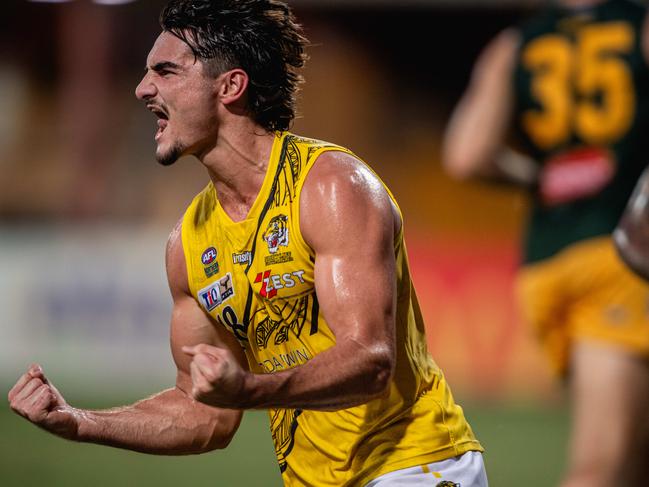 Petros Politis celebrates in the Nightcliff vs St MaryÃs 2023-24 NTFL major semi final. Picture: Pema Tamang Pakhrin