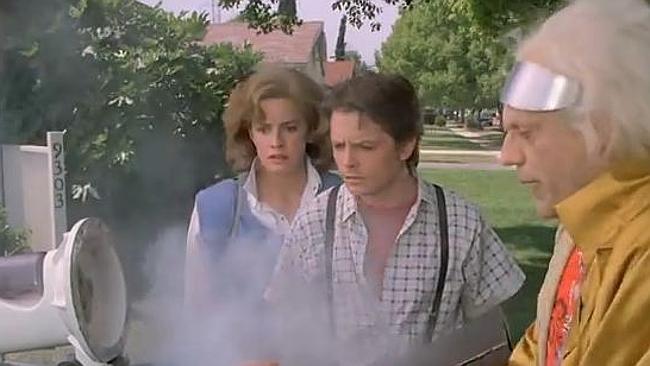 Future realised ... Jennifer and Marty look in wonder at Doc Brown’s ‘Mr Fusion’ device f