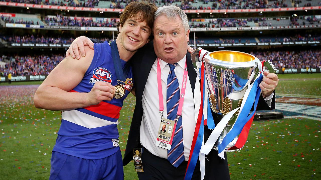 Western Bulldogs player Liam Picken and president Peter Gordon celebrate after the 2016 Grand Final. Picture: Mark Stewart