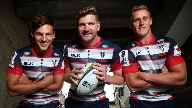 Melbourne Rebels players Luke Jones, Adam Thomson and Reece Hodge for big season preview piece at their home ground Carlton.. Picture Rebecca Michael.