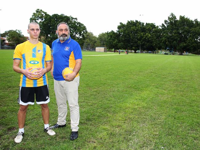 Granville Waratahs Soccer coach Michael Conditsis and Granville Waratahs Soccer club president Noel Dona don’t want their park to suffer for the rail. Picture: Angelo Velardo