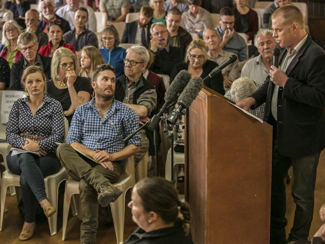 Simone and Daniel Hackett, front left, listen as Vica Bayley speaks at the council meeting. Picture: EDDIE SAFARIK