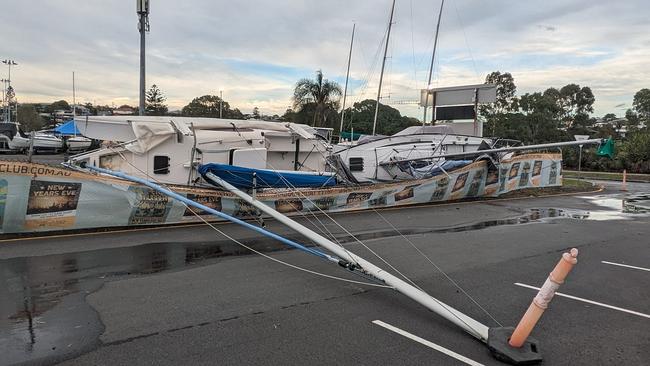 Yachts down at Wynnum Many Boat Club after wild storms lashed the area on Boxing Day. PICTURE: Peter Lea